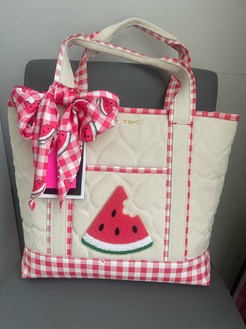 Betsey Johnson Watermelon Quilted Tote Bag with Gingham Trim & Bow